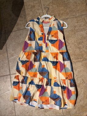 THML Cream Sleeveless Tiered Dress with Orange, Blue & Purple Geometric Print